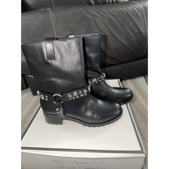 White House Black Market Shoes - White House Black Market Kristen Leather Moto Rhinestone Boots NEW  9.5